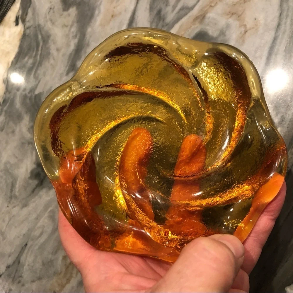 Vintage Fenton Amber Art Glass Swirl Trinket Dish 5”